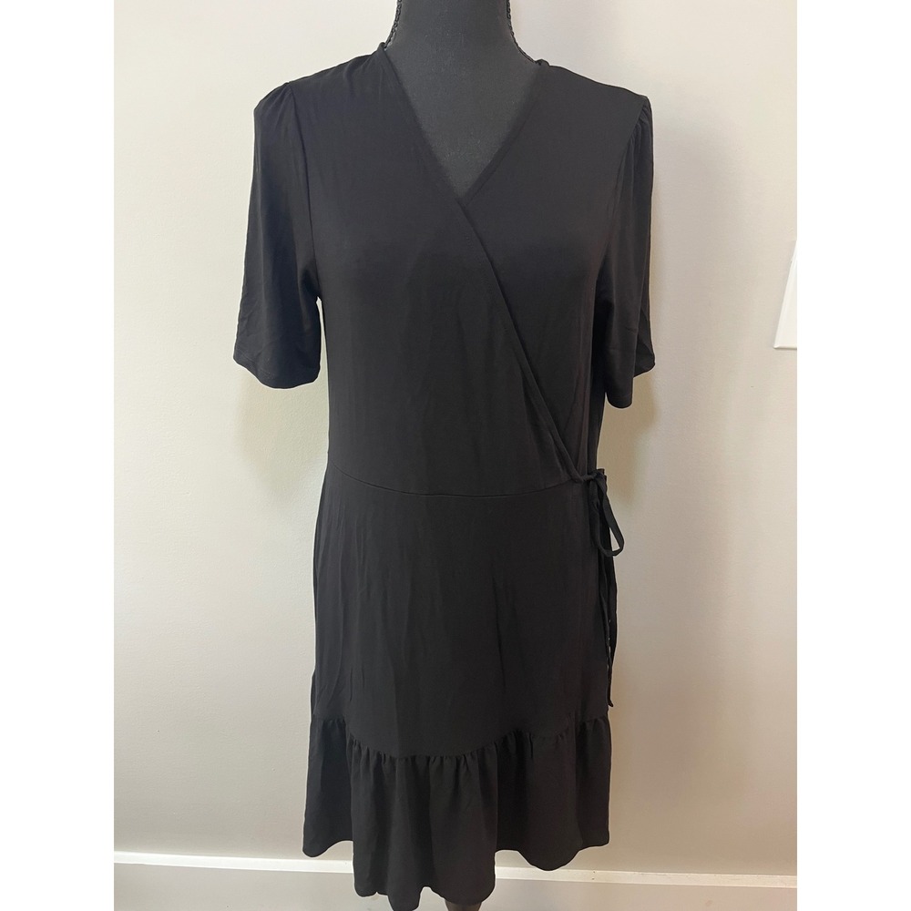 ASOS Tall Black Wrap Mini Dress Ruffle Hem Short Sleeve V-Neck Size US 10